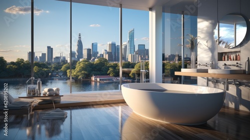 Apartment bathroom with white bathtub with city view behind panoramic window.