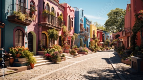 Row of colorful traditional private townhouses, Residential architecture exterior. © visoot