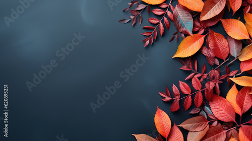 Autumn background with colored red leaves on blue slate background. Generative Ai