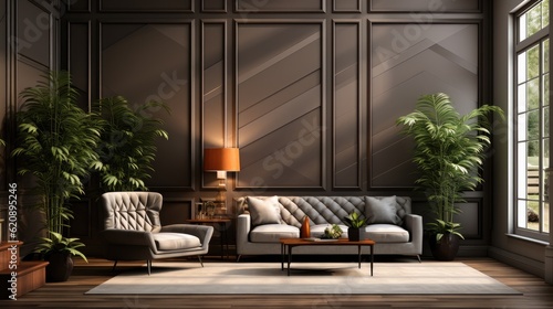 Elegant interior design of modern living room interior with sofa and wooden paneling walls.