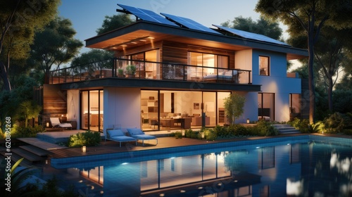 The dream House, Exterior of modern minimalist cubic villa with swimming pool. © visoot