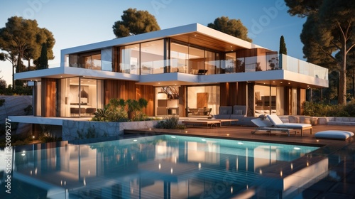 Beautiful modern house with terrace and pool, Evening view. © visoot