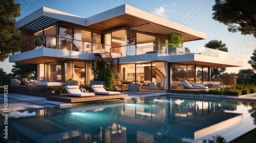 The dream House, Exterior of modern minimalist cubic villa with swimming pool.
