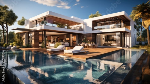 The dream House  Exterior of modern minimalist cubic villa with swimming pool.