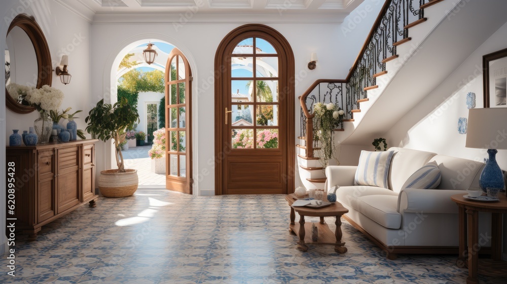 Mediterranean interior design, Interior design of mediterranean style entrance hall with door.