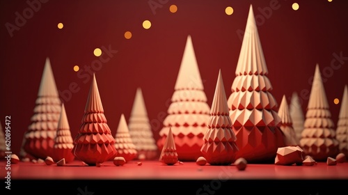 Xmas minimal abstract background, Holiday greeting card, banner, Soft pastel color red white, New Year cone shape trees.