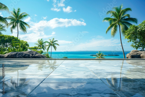 Wide empty white stone clear floor with ocean jungle far background , Generative Ai