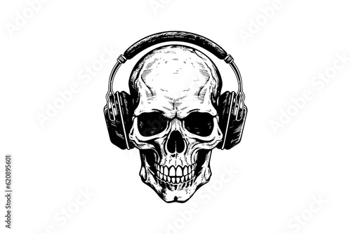 Human skull in a headphones in woodcut style. Vector engraving sketch illustration for tattoo and print design.