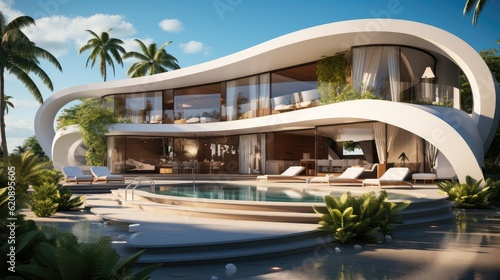Contemporary house with pool, Modern villa on a tropical sand beach, Minimalist house with round curved shaped forms.