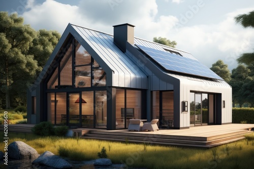 Solar panels with house, Ecological environment concept, Passive house with solar panels. photo