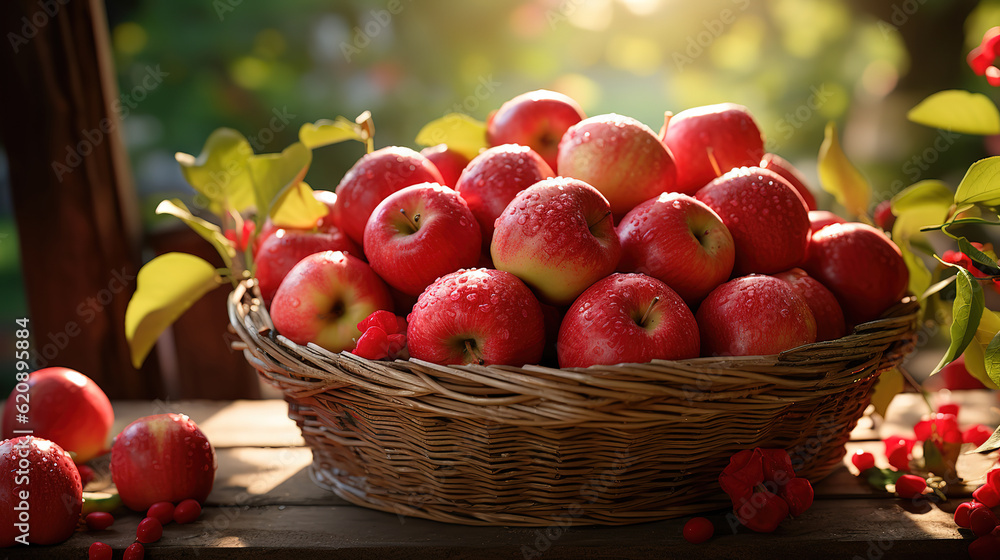 Ripe red apples in a wooden box on the background of an apple orchard. Generative Ai Ripe red apples in a wooden box on the background of an apple orchard. Generative Ai