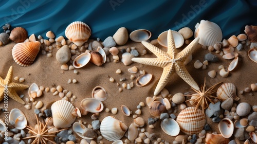 Shells and stars on sand near sea, Beach vacation concept.