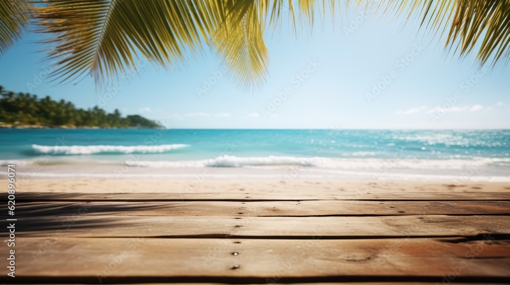 Summer rest background, Empty wood table over blue sea, beach and palm in summer day.