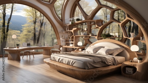 Interior design of modern bedroom and ellipse shaped windows with nature view, Wooden bed, Wooden furniture.