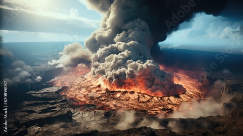 Volcano, The crater is erupting, smoke, Dangerous nature environment. Eruption of active volcano.