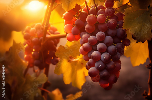 Bunch of grapes in the garden at sunset. Generative AI