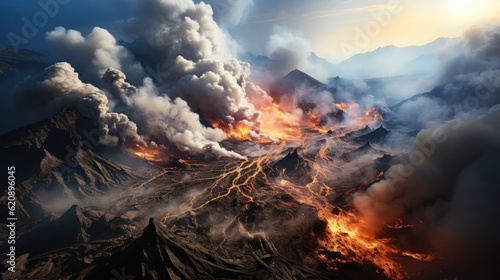 Volcano, The crater is erupting, smoke, Dangerous nature environment. Eruption of active volcano.