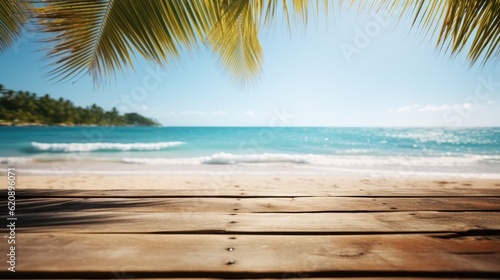 Summer rest background  Empty wood table over blue sea  beach and palm in summer day.