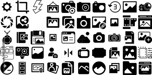 Mega Set Of Photo Icons Pack Black Cartoon Pictograms Icon, Ok, Holiday Maker, Silhouette Buttons Isolated On White Background photo