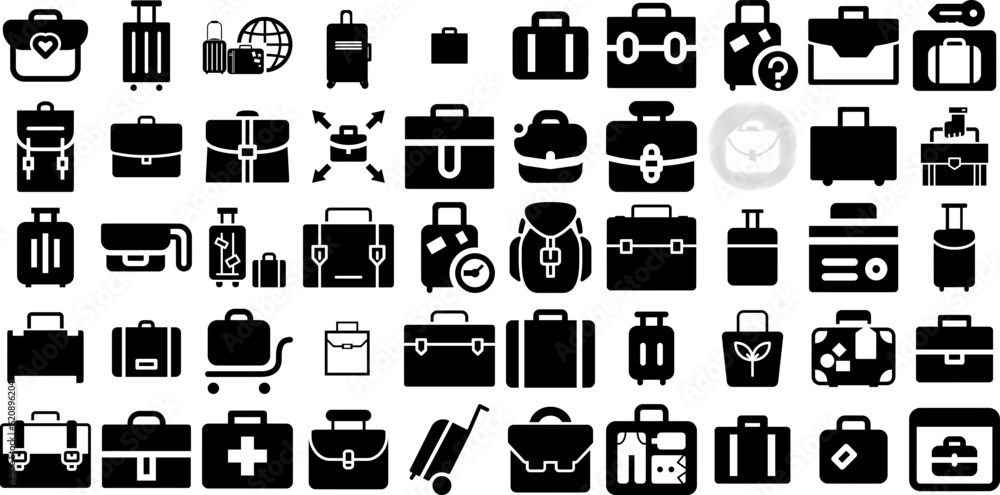 Huge Collection Of Suitcase Icons Pack Isolated Vector Signs Icon, Trip, Baggage, Suitcase Silhouette Isolated On Transparent Background