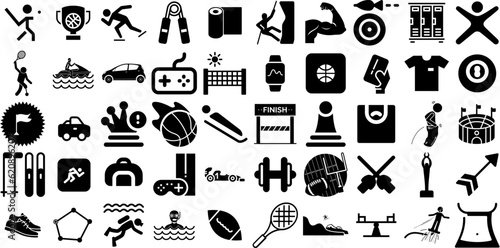 Huge Collection Of Sport Icons Collection Hand-Drawn Solid Simple Symbols Health, Tool, Court, Silhouette Illustration Vector Illustration photo
