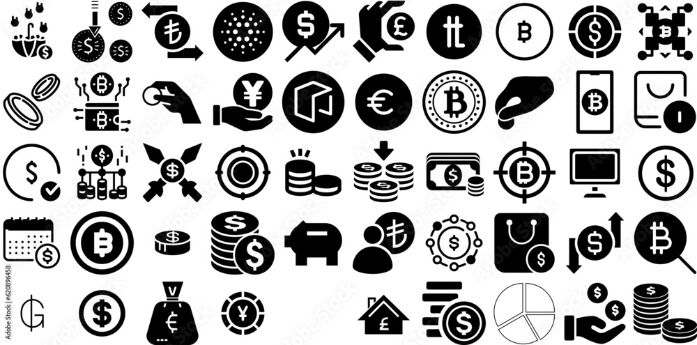 Big Collection Of Coin Icons Set Hand-Drawn Solid Vector Clip Art Mark, Icon, Coin, Finance Illustration Vector Illustration