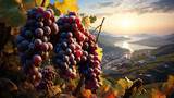 Grape harvest, Vineyards at sunset in autumn harvest ripe grapes in fall. Generative Ai