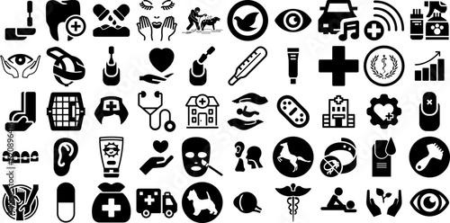 Big Set Of Care Icons Collection Solid Modern Symbol Finance, Laundered, Health, Silhouette Pictograms For Apps And Websites
