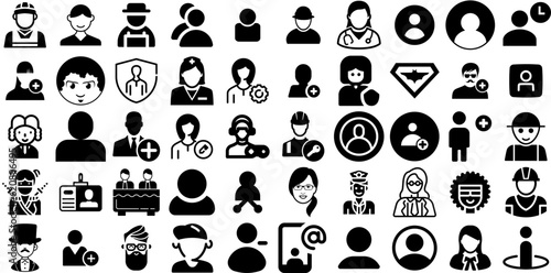 Massive Set Of Avatar Icons Pack Hand-Drawn Black Simple Symbol Icon, Team, Silhouette, Profile Doodles Isolated On Transparent Background