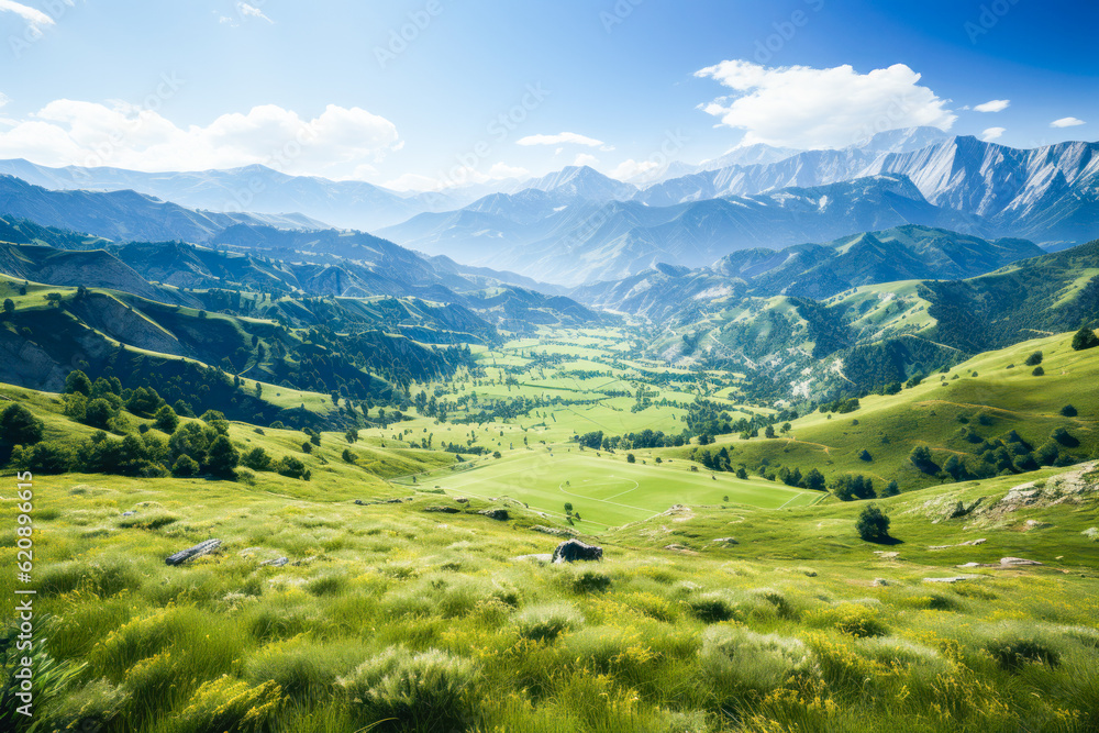 Obraz premium Ultra Wide empty field of green grass among stand stadium with mountain far background , Generative Ai