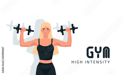 Fitness girl in gym, barbells dumbbells fitness, crossfit logo