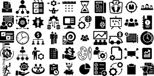 Mega Collection Of Management Icons Set Hand-Drawn Solid Cartoon Pictograms People, Festival, Investment, Finance Doodles For Computer And Mobile