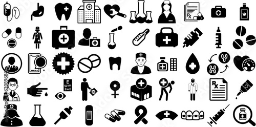 Mega Collection Of Medicine Icons Set Flat Concept Glyphs People, Patient, Health, Microbiology Graphic Vector Illustration