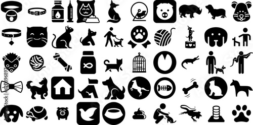 Big Set Of Pet Icons Collection Hand-Drawn Isolated Cartoon Silhouettes Doggy, Fauna, Icon, Symbol Elements Isolated On Transparent Background