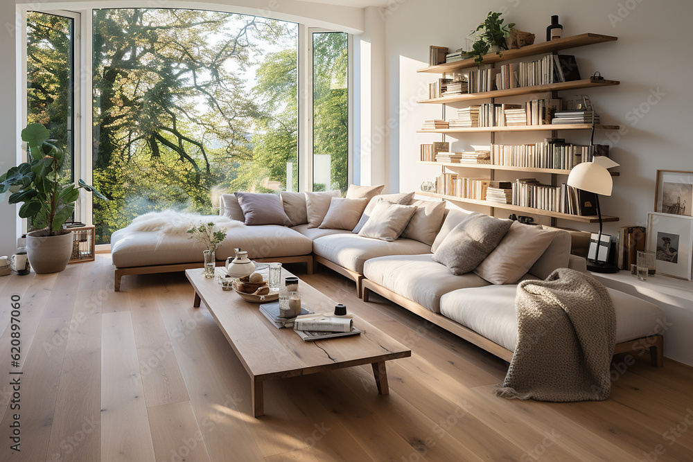 A living luxurary room of a beautiful bright modern Scandinavian style house, generative AI A living luxurary room of a beautiful bright modern Scandinavian style house, generative AI
