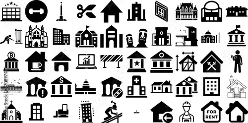 Big Collection Of Building Icons Pack Flat Vector Symbol Church, Silhouette, Heavy, Contractor Clip Art Isolated On White