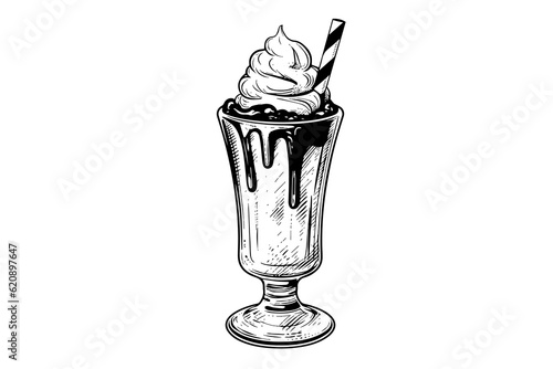 Chocolate milk shake sketch engraving vector illustration. Black and white isolated composition.