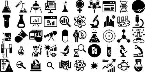 Mega Set Of Research Icons Set Solid Vector Web Icon Product, Icon, Magnifier, Tool Illustration Isolated On White photo