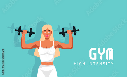 Fitness girl in gym, barbells dumbbells fitness, crossfit logo