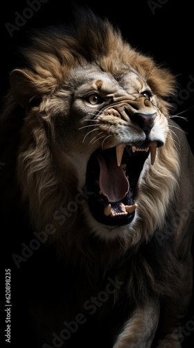 Portrait of dangerous  furious lion with open mouth and bared teeth on the black background. Detail face of lion  close-up. Lion ready to attack. Generative AI