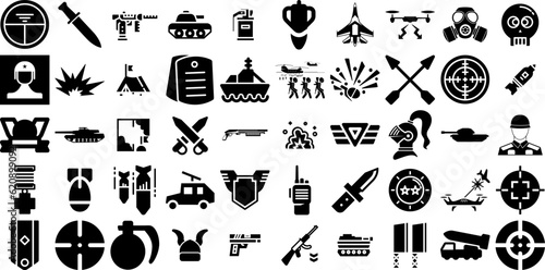 Massive Collection Of War Icons Bundle Linear Modern Pictograms Footed, Silhouette, Badge, Tool Graphic Isolated On White photo
