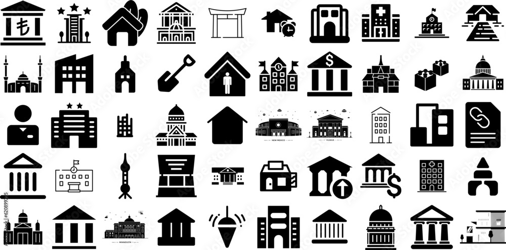 Big Set Of Building Icons Pack Black Simple Silhouette Silhouette, Church, Heavy, Contractor Illustration Vector Illustration