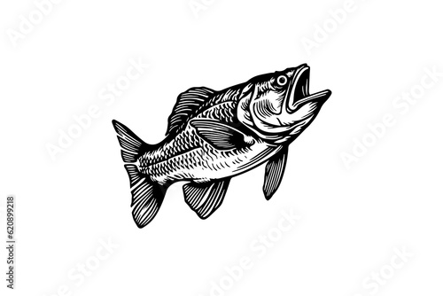 Pike hand drawn engraving fish isolated on white background. Vector sketch illustration.