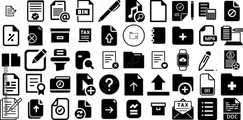 Huge Set Of Document Icons Collection Hand-Drawn Black Concept Clip Art Finance, Eliminate, Printing, Mark Graphic Isolated On Transparent Background