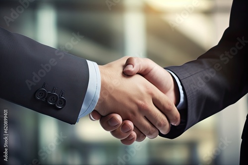 Business partnership meeting. Closeup handshake city background, deal.