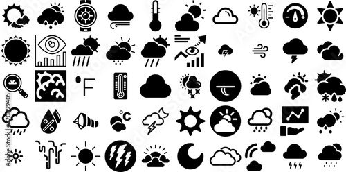 Massive Set Of Forecast Icons Bundle Hand-Drawn Linear Infographic Symbol Pensioner, Weather Forecast, Anemometer, Icon Pictogram Isolated On White Background