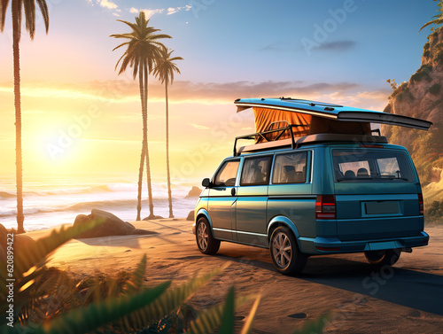 New blue camper van with a rooftop tent in front of a beautiful seascape during sunset. Family travel by car. Generative AI © Andrey_Lobachev