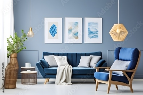 interior design  White and blue living room with sofa  armchair  lamp  posters. generative AI.
