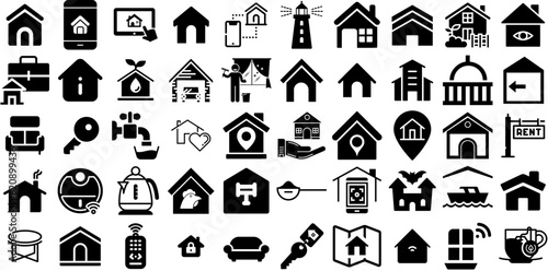 Mega Set Of House Icons Set Hand-Drawn Linear Drawing Pictograms Silhouette, Tool, Mark, Roof Pictograph For Computer And Mobile