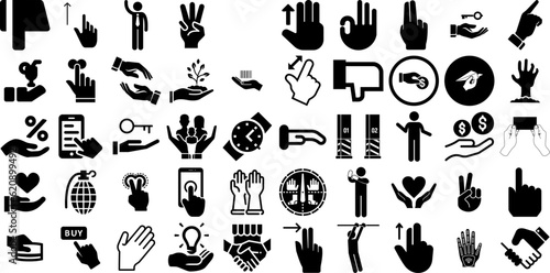 Mega Collection Of Hand Icons Pack Hand-Drawn Solid Modern Pictogram Drawn, Health, Pointer, Silhouette Buttons Isolated On White
